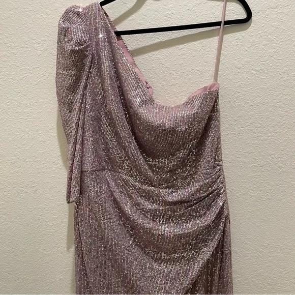 NEW Ienna for Macduggal SEQUINED ONE SHOULDER FAUX WRAP DRESS mauve multicolor